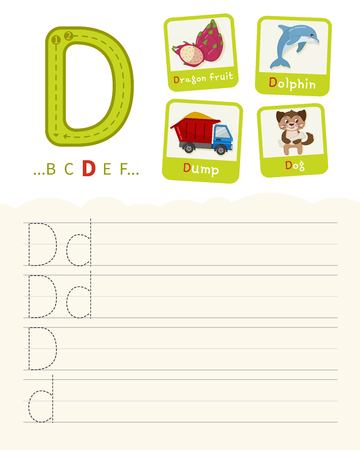 Handwriting practice sheet. Basic writing. Educational game for children. Learning the letters of the English alphabet. Cards with objects. Letter Dのイラスト素材