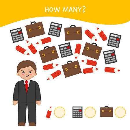 Counting educational children game, math kids activity sheet. How many objects task. Cartoon businessman.のイラスト素材