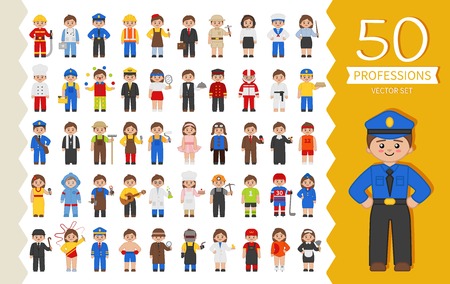 Vector set of 50 different professions in cartoon style. Male and female professions.のイラスト素材