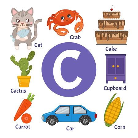Learning card alphabet. Letter C. Set of cute cartoon illustrations.のイラスト素材