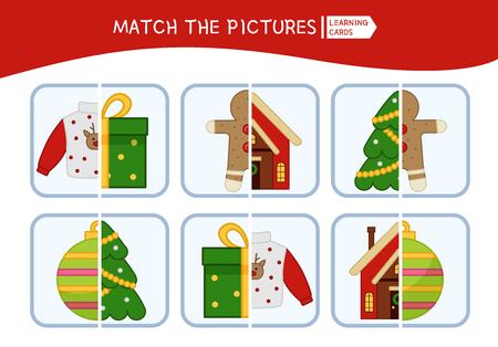 Matching children educational game. Match parts of christmas objects. Activity for pre sÑhool years kids and toddlers.のイラスト素材