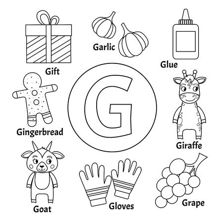 Vector cute kids animal alphabet. Letter G. Set of cute cartoon illustrations. Coloring page.のイラスト素材