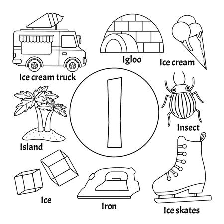 Vector cute kids animal alphabet. Letter I. Set of cute cartoon illustrations. Coloring page.のイラスト素材