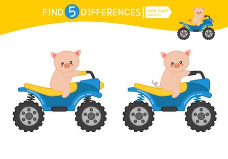 Find differences.  Educational game for children. Cartoon vector illustration of cute pig on an quad bike.のイラスト素材