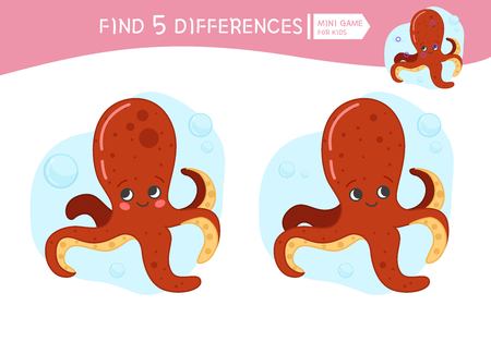 Find differences.  Educational game for children. Cartoon vector illustration of octopus.のイラスト素材
