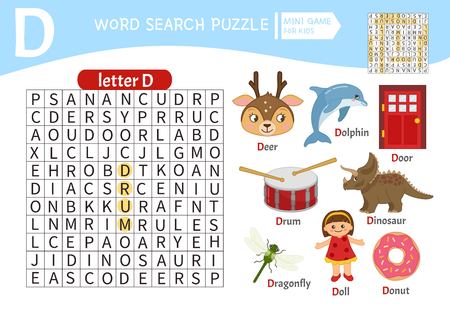 Words puzzle children educational game. Learning vocabulary. Letter D. Cartoon objects on a letter D.のイラスト素材