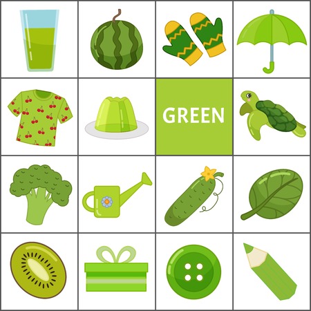 Learn the primary colors. Green. Different objects in green color. Educational material for children and toddlers.のイラスト素材