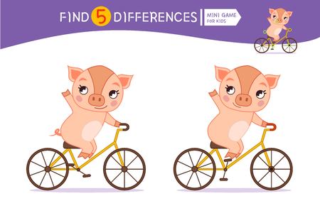 Find differences.  Educational game for children. Cartoon vector illustration of cute pig.のイラスト素材