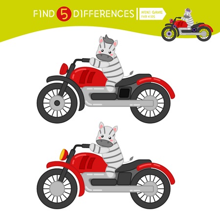 Find differences.  Educational game for children. Cartoon vector illustration of cute zebra on a motorcycle.のイラスト素材