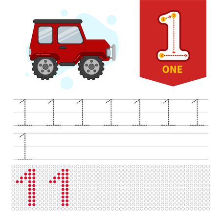 Kids learning material. Card for learning numbers. Number 1. Cartoon cute car.のイラスト素材