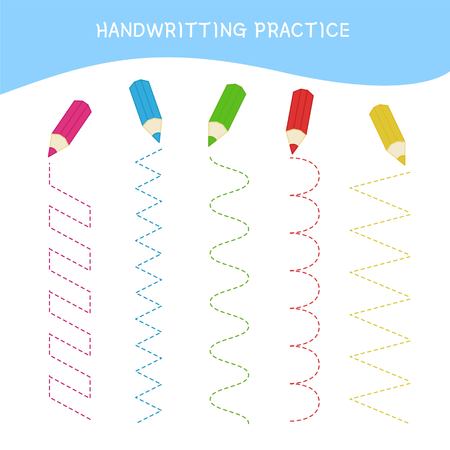 Handwriting practice sheet. Basic writing. Educational game for children.  Cartoon pencils.のイラスト素材