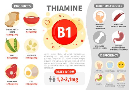Infographics Vitamin B1. Products containing vitamin. Daily norm. Symptoms of deficiency. Vector medical poster.のイラスト素材