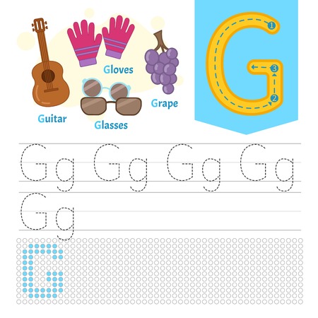 Handwriting practice sheet. Basic writing. Educational game for children. Learning the letters of the English alphabet. Letter G.のイラスト素材