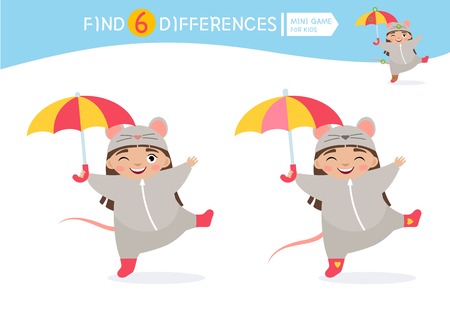 Find differences.  Educational game for children. Cartoon vector illustration of cute child in mouse costume under the umbrella.のイラスト素材