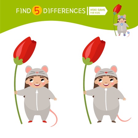 Find differences.  Educational game for children. Cartoon vector illustration of cute girl in mouse  costume with flower.のイラスト素材