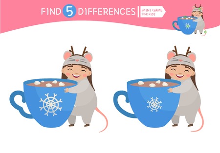 Find differences.  Educational game for children. Cartoon vector illustration of cute girl in mouse costume with a cup of cocoa.のイラスト素材