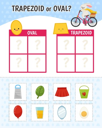 Educational game for children with pictures. Kids activity sheet. Trapezoid or oval?  Cartoon illustration of trapezoid or oval objects.のイラスト素材