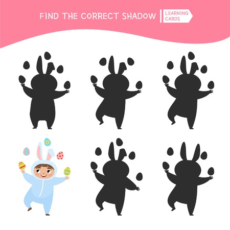 Educational  game for children. Find the right shadow. Kids activity with cartoon cute child in bunny costume.のイラスト素材