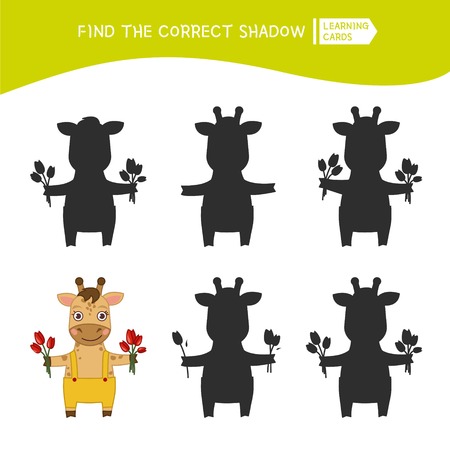 Educational  game for children. Find the right shadow. Kids activity with cute cartoon giraffe.のイラスト素材