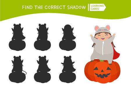 Educational  game for children. Find the right shadow. Kids activity with cute child in mouse costume.のイラスト素材