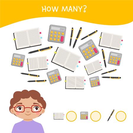 Counting educational children game, math kids activity sheet. How many objects task. Vector illustration cute child. School objects.のイラスト素材
