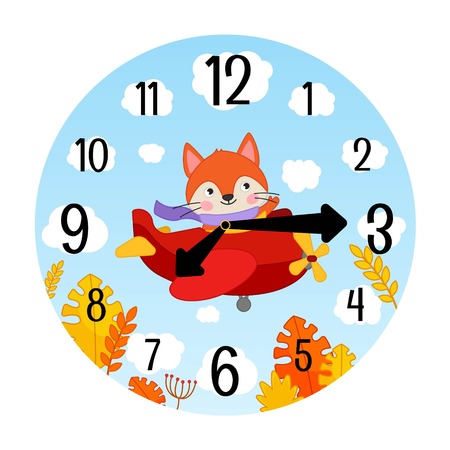 Vector template of children's watches. The basis of the clock for the children's room. Illustration of a cute little fox on an airplane
のイラスト素材
