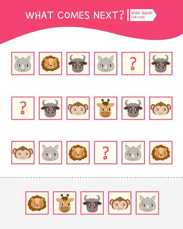 What comes next educational children game. Kids activity sheet,  Cartoon cute animal faces.のイラスト素材