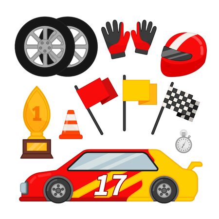 Auto racing set of vector icons. Sport car, wheels, flags, helmet and other symbols.のイラスト素材