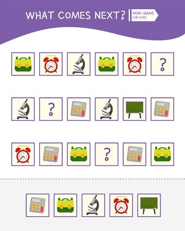 What comes next educational children game. Kids activity sheet,  Cartoon school objects.のイラスト素材