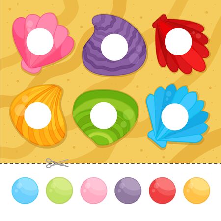 Educational  game for children. Cut and glue on the right place. Material for kids to learn color. Cartoon seashells.のイラスト素材
