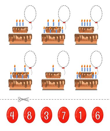 Educational game for children. Cut and glue on the right place. Material for kids to learn math. Cartoon cakes and air balloon.のイラスト素材