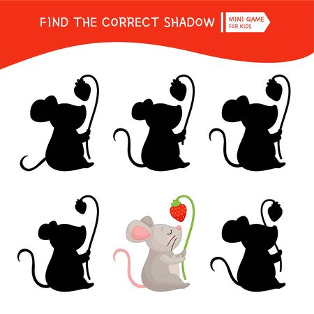 Educational  game for children. Find the right shadow. Kids activity with cute mouse with strawberry.のイラスト素材