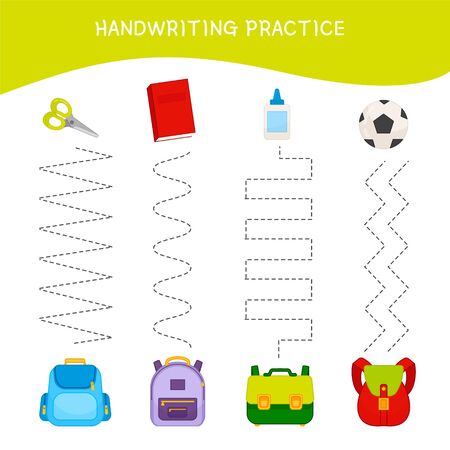 Handwriting practice sheet. Basic writing. Educational game for children. Match of stationery and backpacks.
のイラスト素材