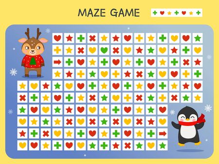 Maze game for children. Find the correct path by the pattern. Cartoon cute animals.のイラスト素材