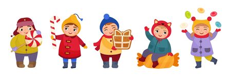 Vector set of cartoon cute kids with christmas sweets. New Year characters. Template for Christmas cards, posters.のイラスト素材