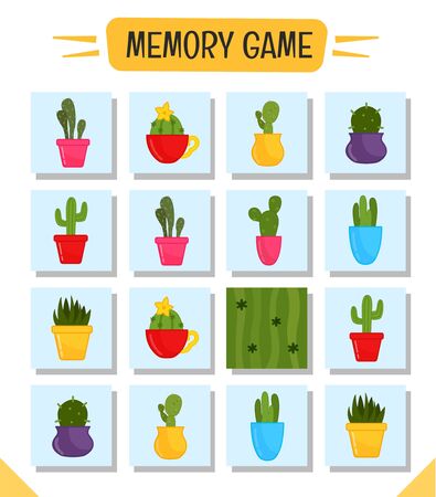 Memory game for preschool children, vector cards with potted cacti. Find two identical picture. Kids activity page for book.のイラスト素材