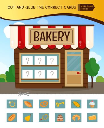 Educational  game for children. Cut and glue the correct cards. Cartoon illustration of a bakery
のイラスト素材