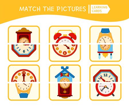 Matching children educational game. Match parts of clocks. Activity for pre sÑhool years kids and toddlers.のイラスト素材