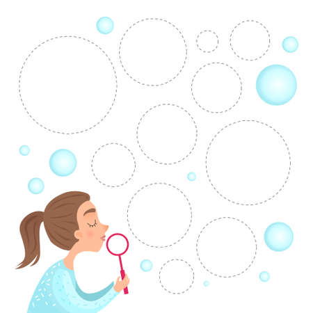 Handwriting practice sheet. Basic writing. Educational game for children. Cute girl blowing bubbles.のイラスト素材