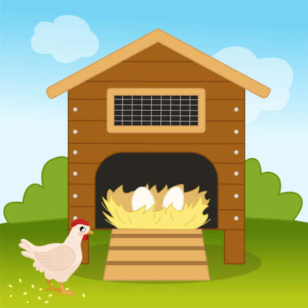 Bird house with a nest inside. Landscape in cartoon style. The chicken is looking for grains.のイラスト素材