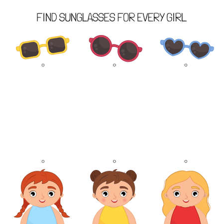Matching children educational game. .Find sunglasses for every girl. Activity for pre sÑhool years kids and toddlers.のイラスト素材
