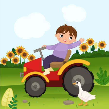 Vector farm illustration in cartoon style. The boy rides a tractor across the field.のイラスト素材