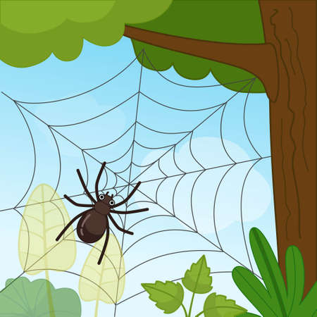 Cobweb on a tree. Landscape in cartoon style. Black spider weaves a web.のイラスト素材