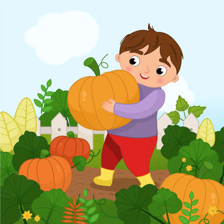 Vector farm illustration in cartoon style. The boy is holding a large pumpkin. Harvesting.のイラスト素材