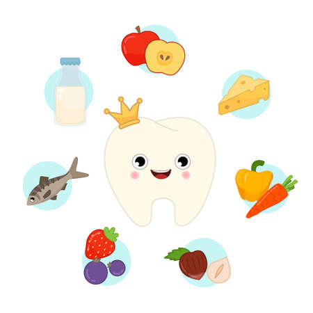 Vector set of useful products for teeth. Illustration of a cute cartoon tooth. Infographics with food icons.のイラスト素材