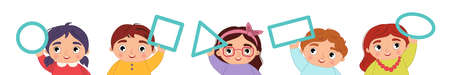 Cute kids are holding geometric shapes. Vector illustration in cartoon styleのイラスト素材