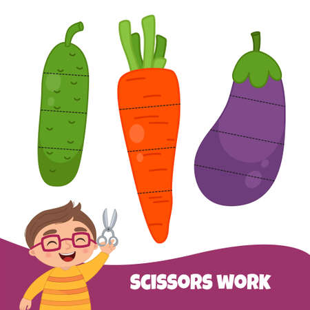Education paper game for preshool children. Working with scissors. Cut the vegetables into pieces.のイラスト素材