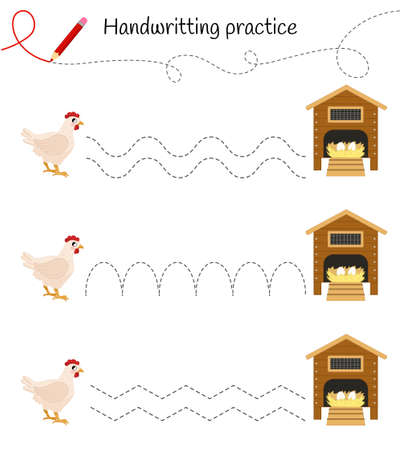 Handwriting practice sheet. Basic writing. Educational game for children. Help the chickens get to their house.のイラスト素材
