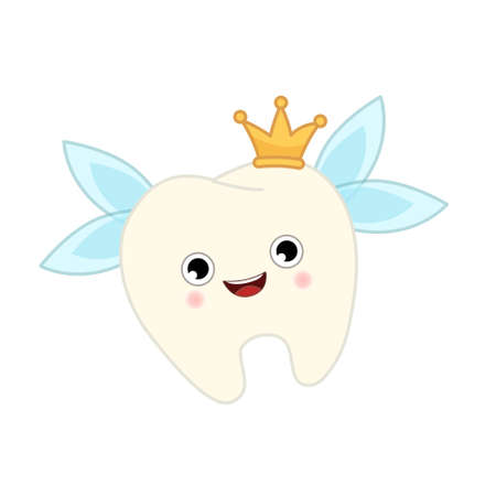 Tooth fairy vector cartoon illustration. Cute character tooth with wings and crown.のイラスト素材