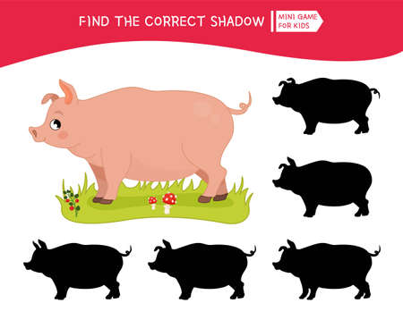 Educational game for children. Find the right shadow. Kids activity with cute cartoon pig. Farm animals collection.のイラスト素材